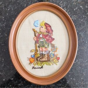 Vintage Embroidered Hummel Boy Crewel Art in Oval Wood Frame